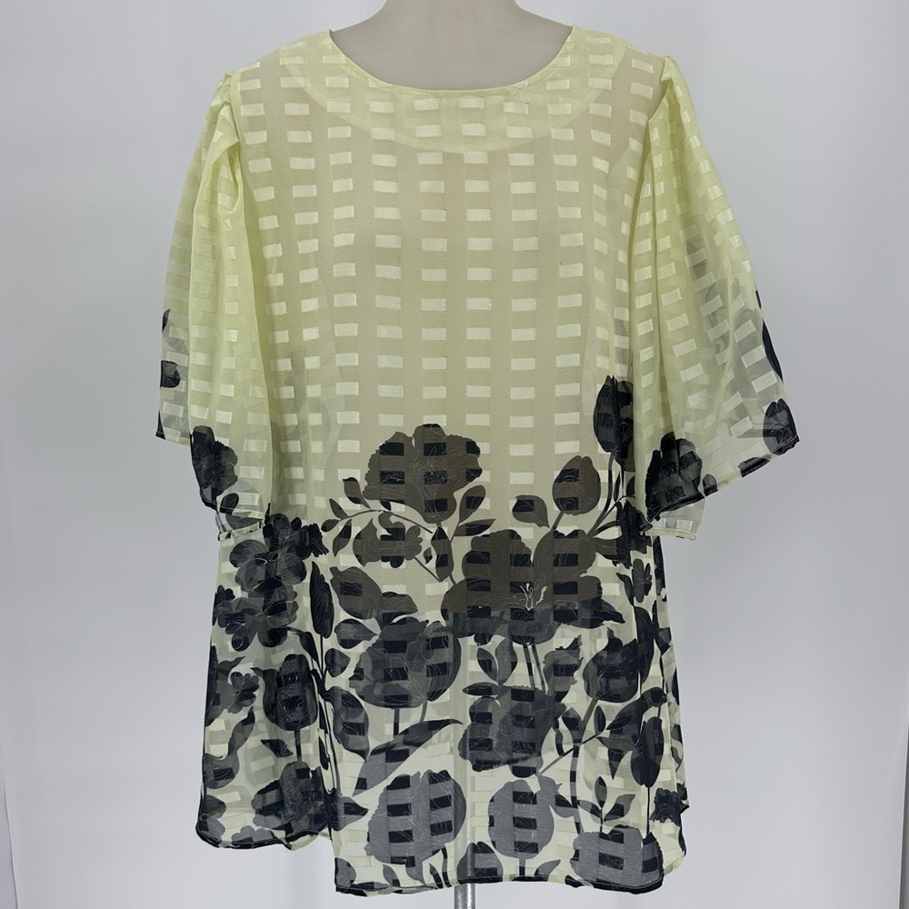 Reborn 1x Blouse floral Sheer Zip Balloon Blossom Flutter Top Pretty